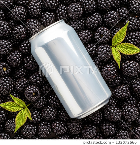 Reflective can resting on fresh blackberries with green leaves in a vibrant setting Reflective can resting on fresh blackberries with green leaves in a vibrant setting 132072666