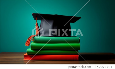 Graduation cap on stack of books on green background. Graduation cap on stack of books on green background. 132072705