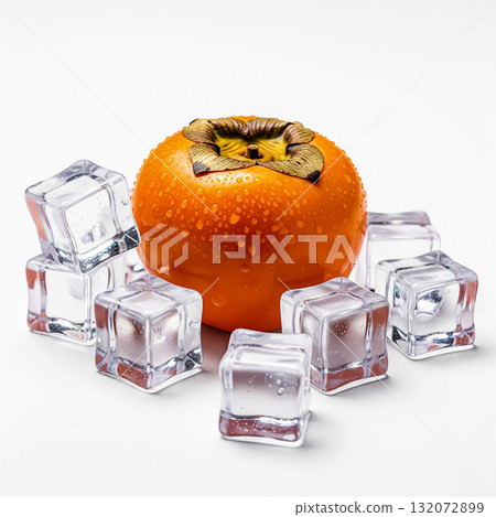 Bright persimmon surrounded by clear ice cubes on a white surface showcasing a refreshing composition 132072899
