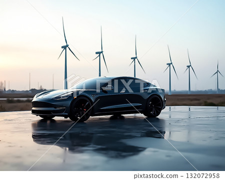 Electric sedan parked near wind turbines during sunset showcasing sustainable transportation and renewable energy 132072958