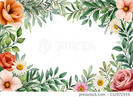 Colorful floral border design featuring various flowers and greenery for invitations and decorations 132072959