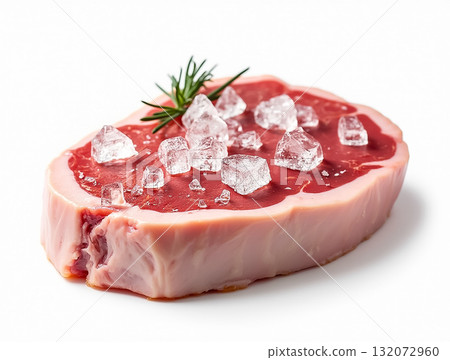 Fresh raw steak garnished with ice cubes and herbs on a clean white background perfect for culinary presentations 132072960