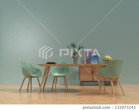 Photorealistic 3D illustration of a simple living room and dining room Photorealistic 3D illustration of a simple living room and dining room 132073243