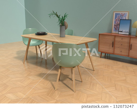簡單客廳和餐廳的逼真 3D 插圖 132073247