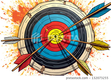 Colorful target with multiple arrows embedded, showcasing archery precision and skill during a training session 132073255