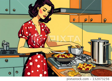 Woman preparing a colorful meal in a retro-style kitchen with vintage appliances and cheerful decor 132073256