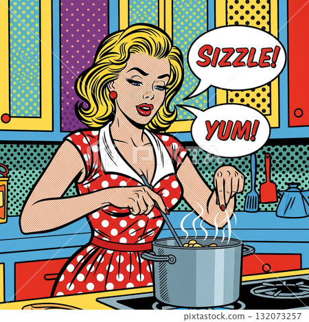 Cooking in a colorful kitchen with a retro vibe, a woman enjoys preparing a delicious meal while expressing delight at the sizzling sounds 132073257