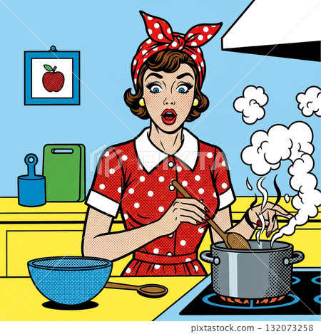 Woman cooking in a colorful kitchen while surprised by the steaming pot on the stove Woman cooking in a colorful kitchen while surprised by the steaming pot on the stove 132073258