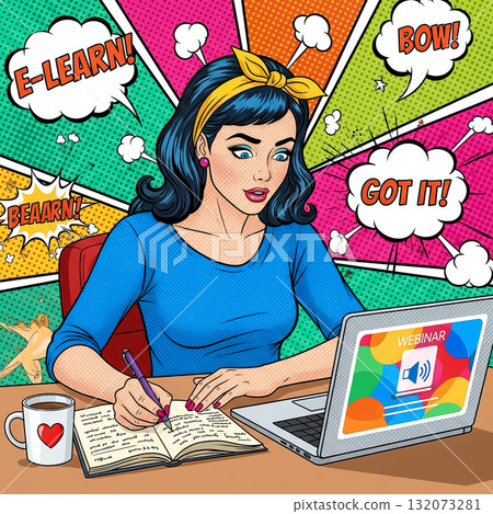 Woman engaged in online learning during a webinar session at home, taking notes and drinking coffee in a vibrant setting Woman engaged in online learning during a webinar session at home, taking notes and drinking coffee in a vibrant setting 132073281