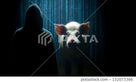 Hooded figure silhouette faces digital pig on glowing screen, mysterious atmosphere, dark background, cyber Pig butchering scam concept 132073366