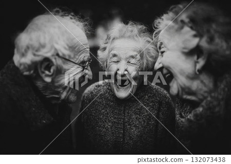 Elderly trio sharing joyful laughter in black and white portrait 132073438