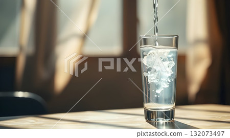 Clear glass of fresh water on a table. 132073497