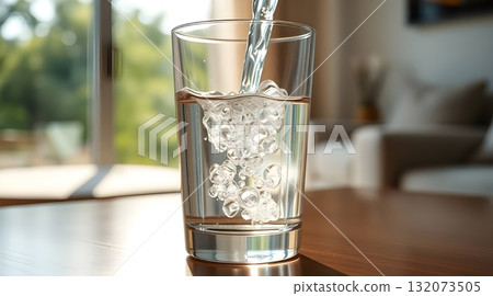 Clear glass of fresh water on a table. 132073505