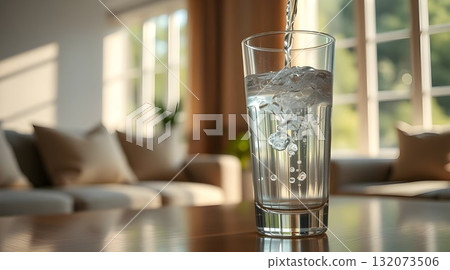 Clear glass of fresh water on a table. 132073506