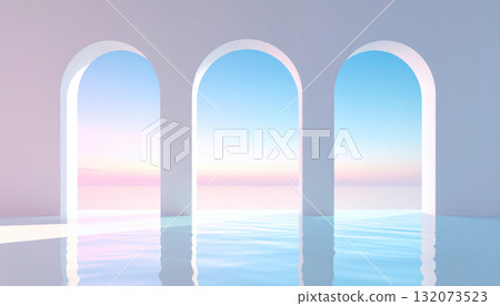 極簡主義的空間，可以清楚地看到大海，拱形窗戶透出柔和的光線 132073523