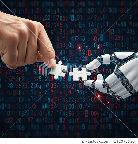 Human hand and robotic hand connecting puzzle pieces amidst a backdrop of binary code representing the fusion of technology and human creativity 132073556
