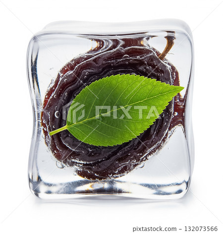 Unique ice cube featuring a leaf embedded in dark jelly blend showcasing culinary creativity Unique ice cube featuring a leaf embedded in dark jelly blend showcasing culinary creativity 132073566