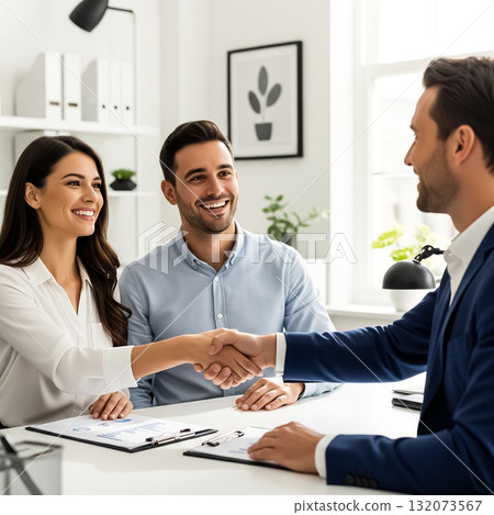 Business meeting with handshake in modern office setting during daytime 132073567