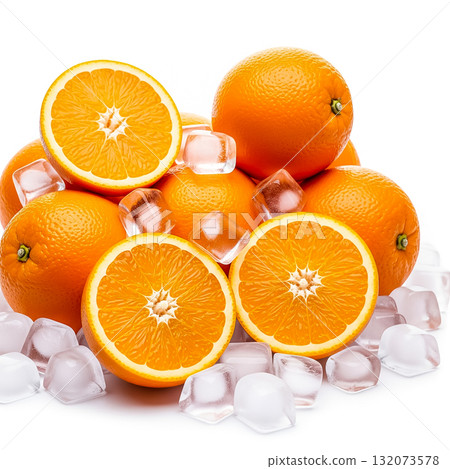 Fresh oranges surrounded by ice cubes create a vibrant and refreshing display in a bright setting Fresh oranges surrounded by ice cubes create a vibrant and refreshing display in a bright setting 132073578