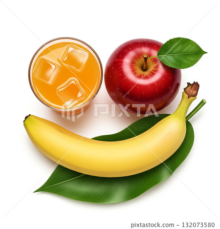 Fresh fruits and juice displayed on a white background with vibrant colors and appealing arrangement 132073580