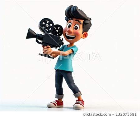 Young filmmaker joyfully holding a retro film camera with a big smile in a bright, minimalistic setting 132073581