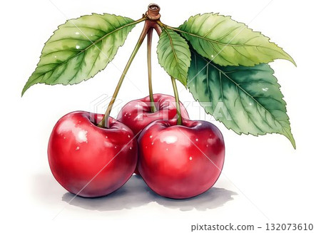 Bright red cherries hanging on a branch with green leaves against a light background 132073610