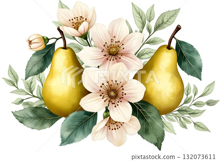 Pears and blossoms arranged in a decorative floral composition with green leaves in a natural setting during springtime 132073611