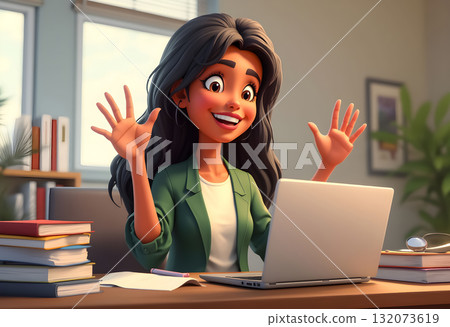 Cheerful woman engaging in a virtual meeting while working from a cozy home office in the afternoon 132073619