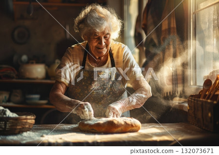 Elderly woman baking bread in cozy kitchen with sunlight streaming in 132073671