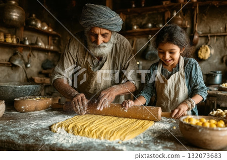 Elderly man and young girl making pasta together in rustic kitchen 132073683
