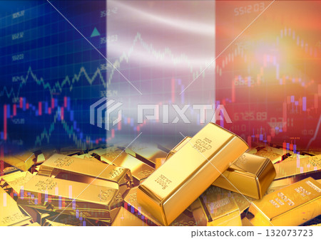 Gold bars on France flag in background. Gold bars stacked on French flag. Concept of France gold reserves Gold bars on France flag in background. Gold bars stacked on French flag. Concept of France gold reserves 132073723
