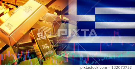 Gold bars stacked on Greek flag. Greece gold reserves, Concept 132073732