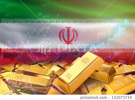 Gold bars on Iran flag in background. Gold bars stacked on Iranian flag. Concept of Iran gold reserves Gold bars on Iran flag in background. Gold bars stacked on Iranian flag. Concept of Iran gold reserves 132073739
