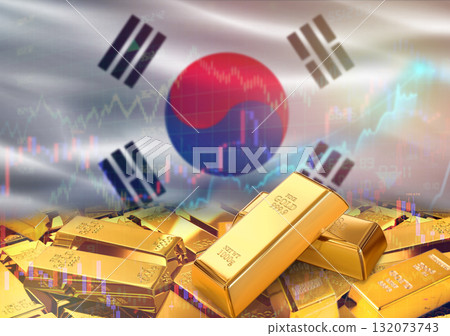 Gold bars on South Korea flag in background. Gold bars stacked on South Korean flag. Concept of South Korea gold reserves Gold bars on South Korea flag in background. Gold bars stacked on South Korean flag. Concept of South Korea gold reserves 132073743