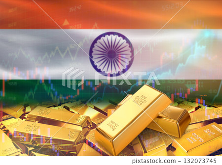 Gold bars on India flag in background. Gold bars stacked on Indian flag. Concept of India gold reserves Gold bars on India flag in background. Gold bars stacked on Indian flag. Concept of India gold reserves 132073745