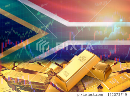 Gold bars on South Africa flag in background. Gold bars stacked on South African flag. Concept of South Africa gold reserves Gold bars on South Africa flag in background. Gold bars stacked on South African flag. Concept of South Africa gold reserves 132073749