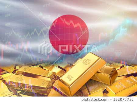 Gold bars on Japan flag in background. Gold bars stacked on Japanese flag. Concept of Japan gold reserves 132073753
