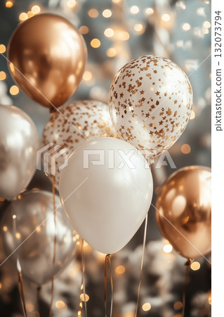 Celebration with metallic gold and white balloons, glittering star patterns, and warm golden bokeh lights in background, creating festive atmosphere of elegance and joy. 132073794