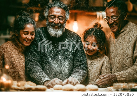 Family baking together in cozy kitchen, sharing joyful moments and laughter 132073850