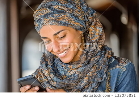 Smiling woman in colorful headscarf using smartphone with joyful expression 132073851