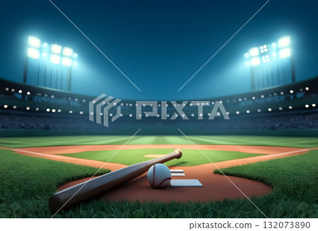 Baseball field at night with empty bleachers and illuminated lights ready for the game to begin 132073890