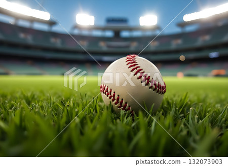 Baseball resting on the grass just before a game at a stadium under evening lights Baseball resting on the grass just before a game at a stadium under evening lights 132073903