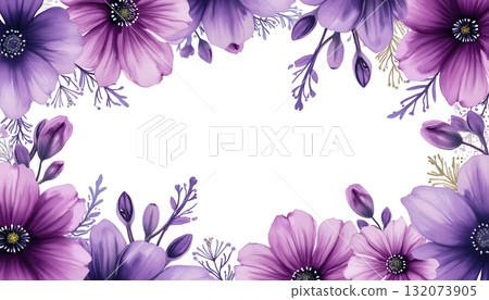 Colorful floral border design featuring purple and pink flowers with green leaves for artistic or decorative use Colorful floral border design featuring purple and pink flowers with green leaves for artistic or decorative use 132073905