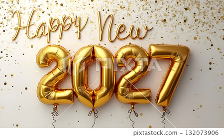 Celebration of New Year 2027 with golden balloons and festive decor 132073906