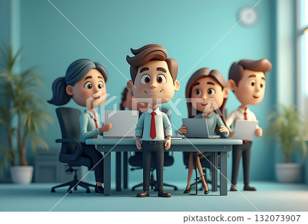 Team of animated characters collaborating in a cheerful office environment during a work meeting 132073907