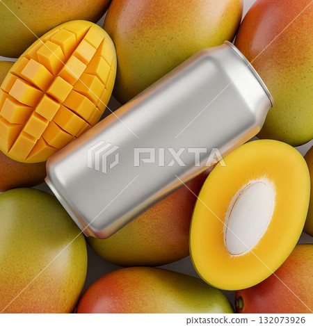 Fresh mangoes surround a silver can, showcasing tropical flavors and vibrant colors in a creative arrangement 132073926