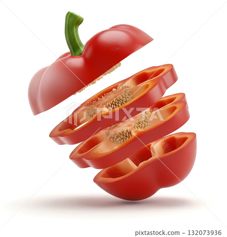 Bright red bell pepper sliced into sections showcasing vibrant inner layers and seeds 132073936