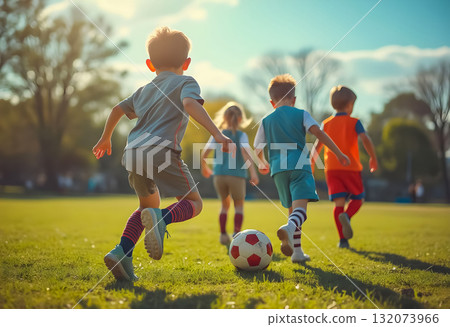 Children play soccer on a sunny afternoon in a park, enjoying teamwork and exercise with smiles on their faces 132073966