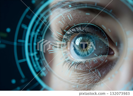 Close-up view of a human eye with futuristic interface, showcasing intricate details and technology integration 132073983