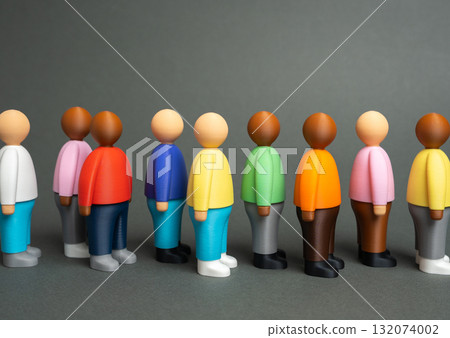 A queue of people. Figures of people stand in a queue. Bureaucracy, waiting for service, and social inequality. Public service, unemployment, or migration subjects. A queue of people. Figures of people stand in a queue. Bureaucracy, waiting for service, and social inequality. Public service, unemployment, or migration subjects. 132074002